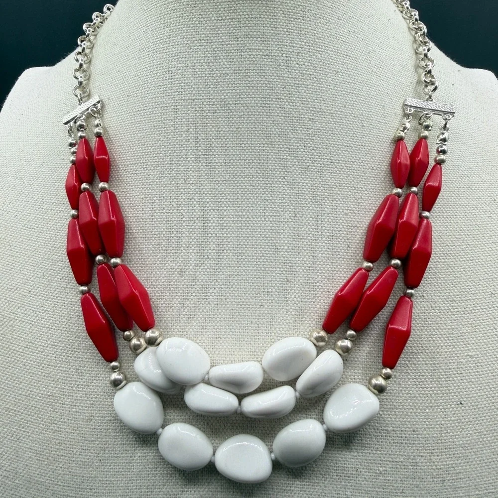 Red White Beaded Statement Necklace Silver Tone Triple Strand Chunky Boho Gift